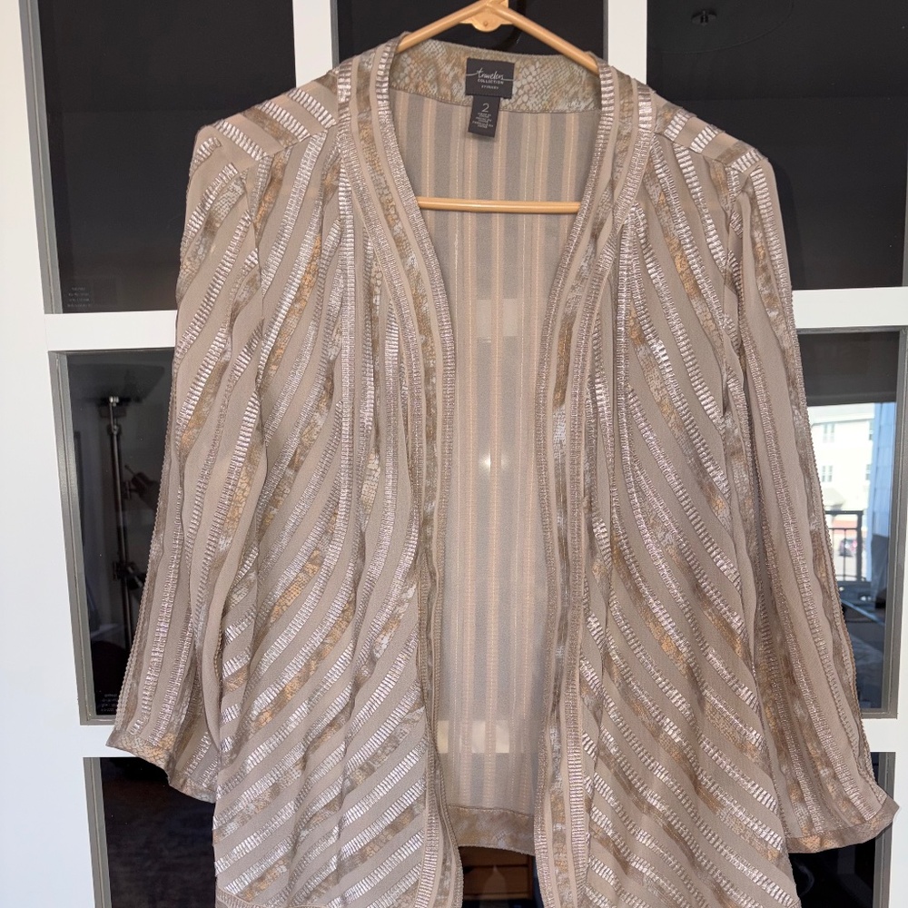 Chico's Travelers Gilded Stripe Snake Print Metallic Open Jacket Size 2 L